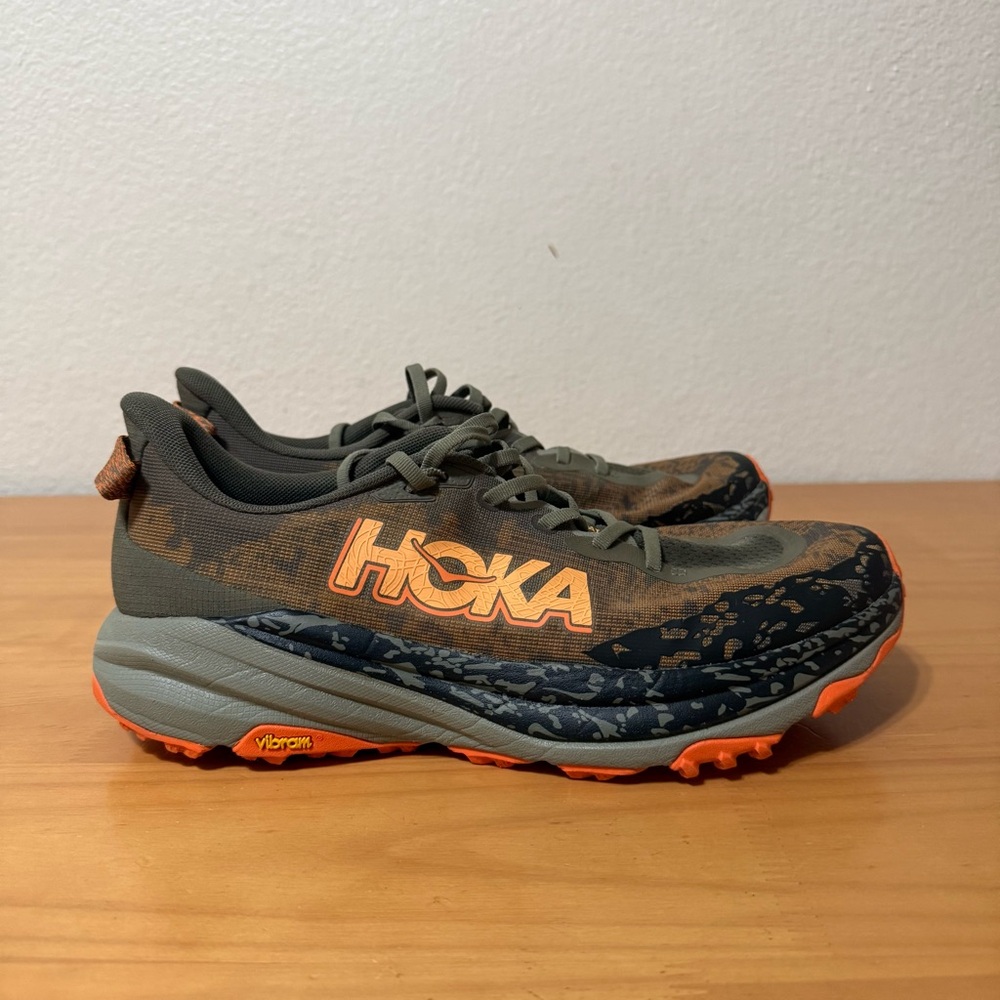 Hoka Speedgoat 6- Olive Green, Black and Orange, Size 10.5 WIDE (2E) Men’s,